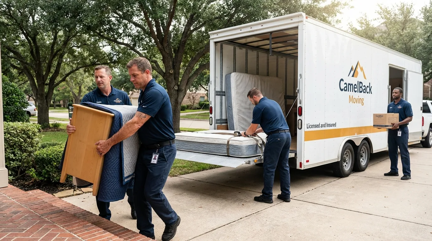 Crew loading residential truck for cross-state move from Oakdale, NY