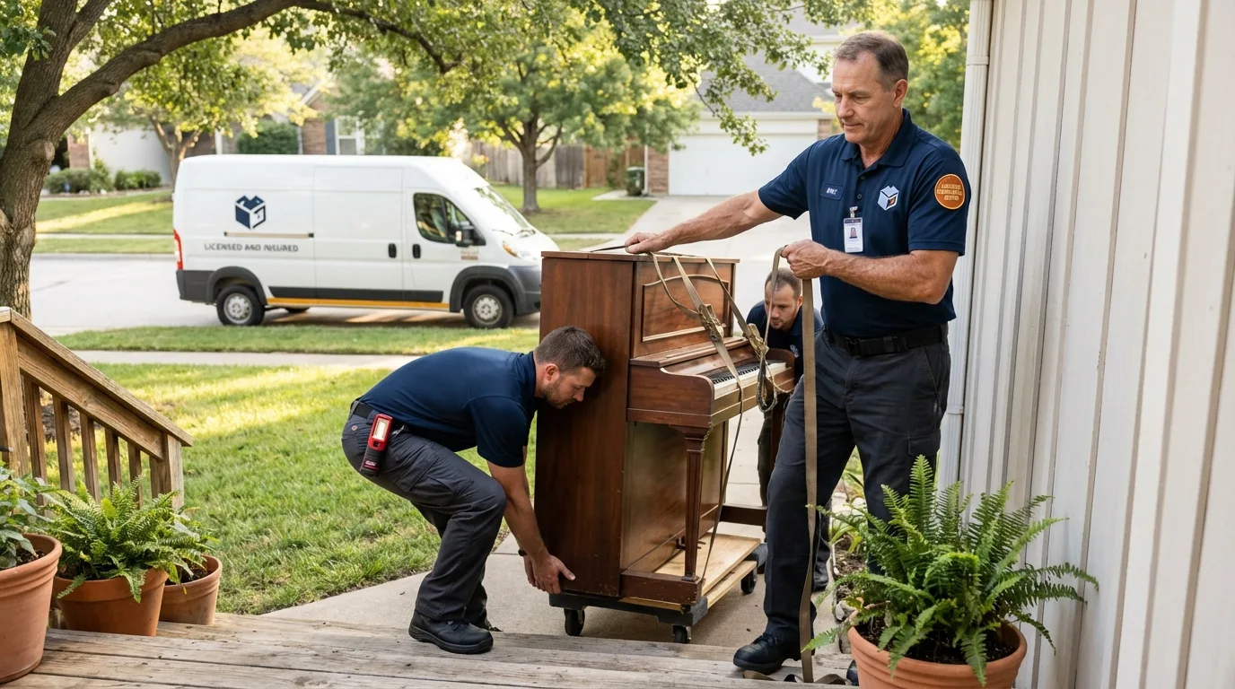 Licensed piano movers securing grand piano in Oakdale, NY