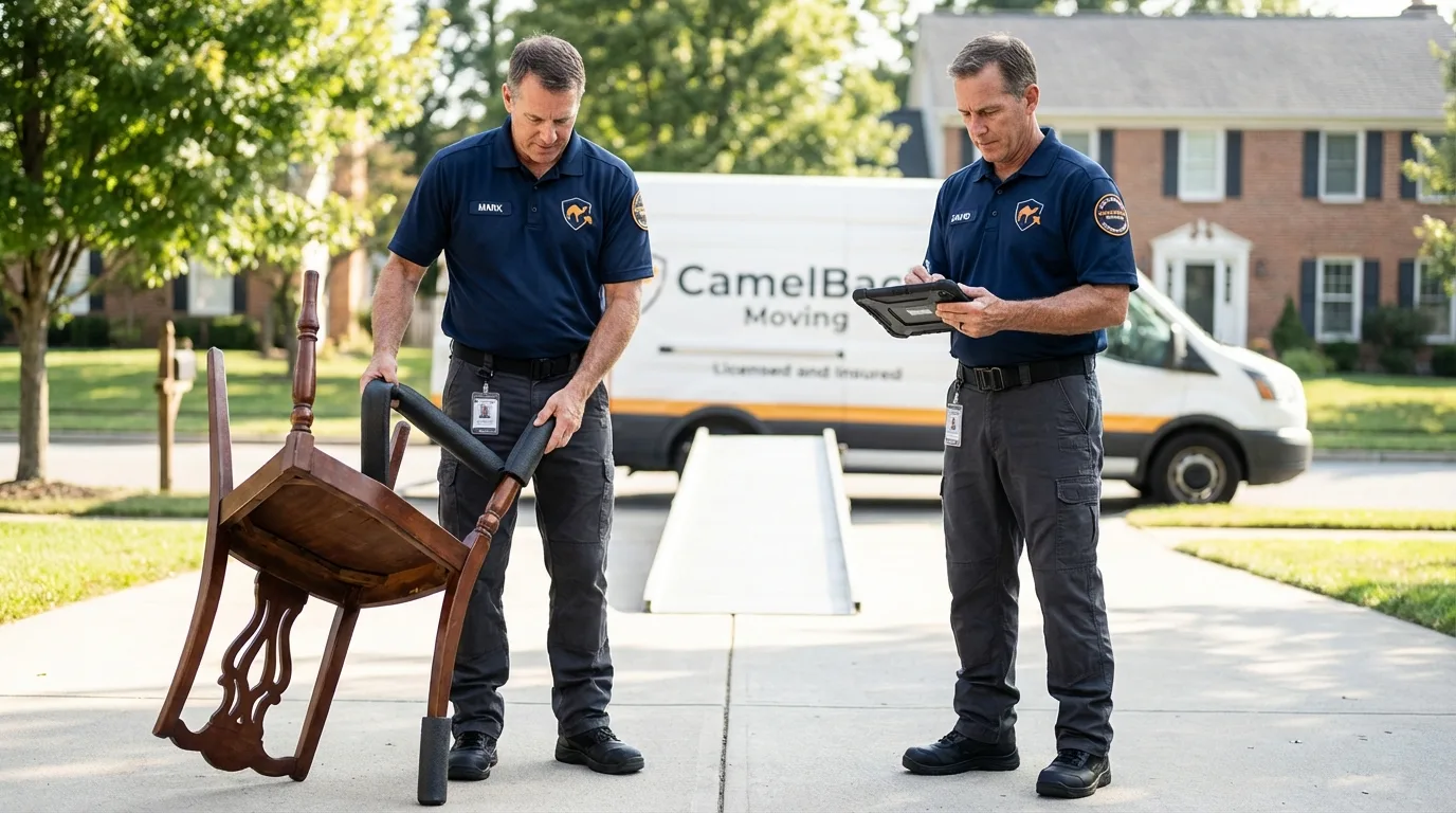Movers inspecting furniture for damage prevention before loading in Oakdale, NY