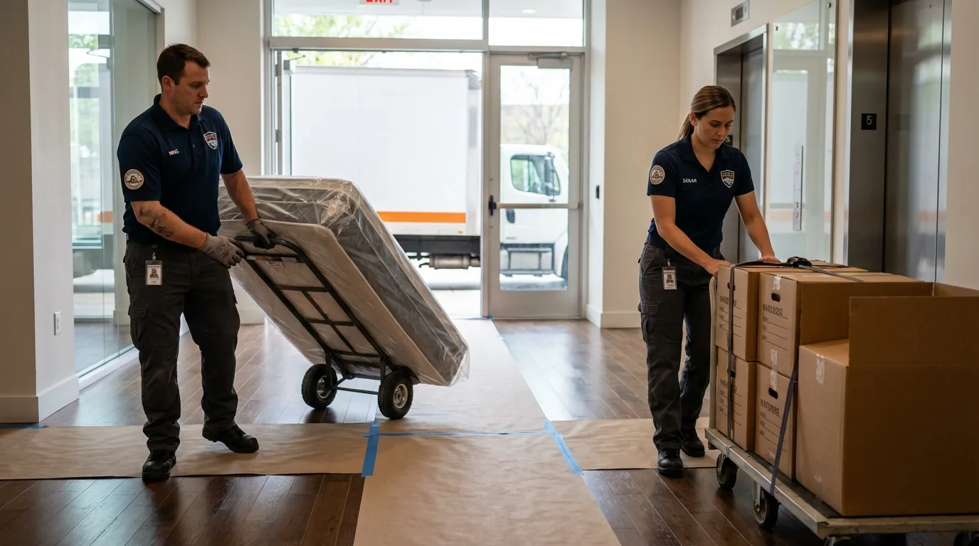 Professional apartment movers loading elevator in Oakdale, NY