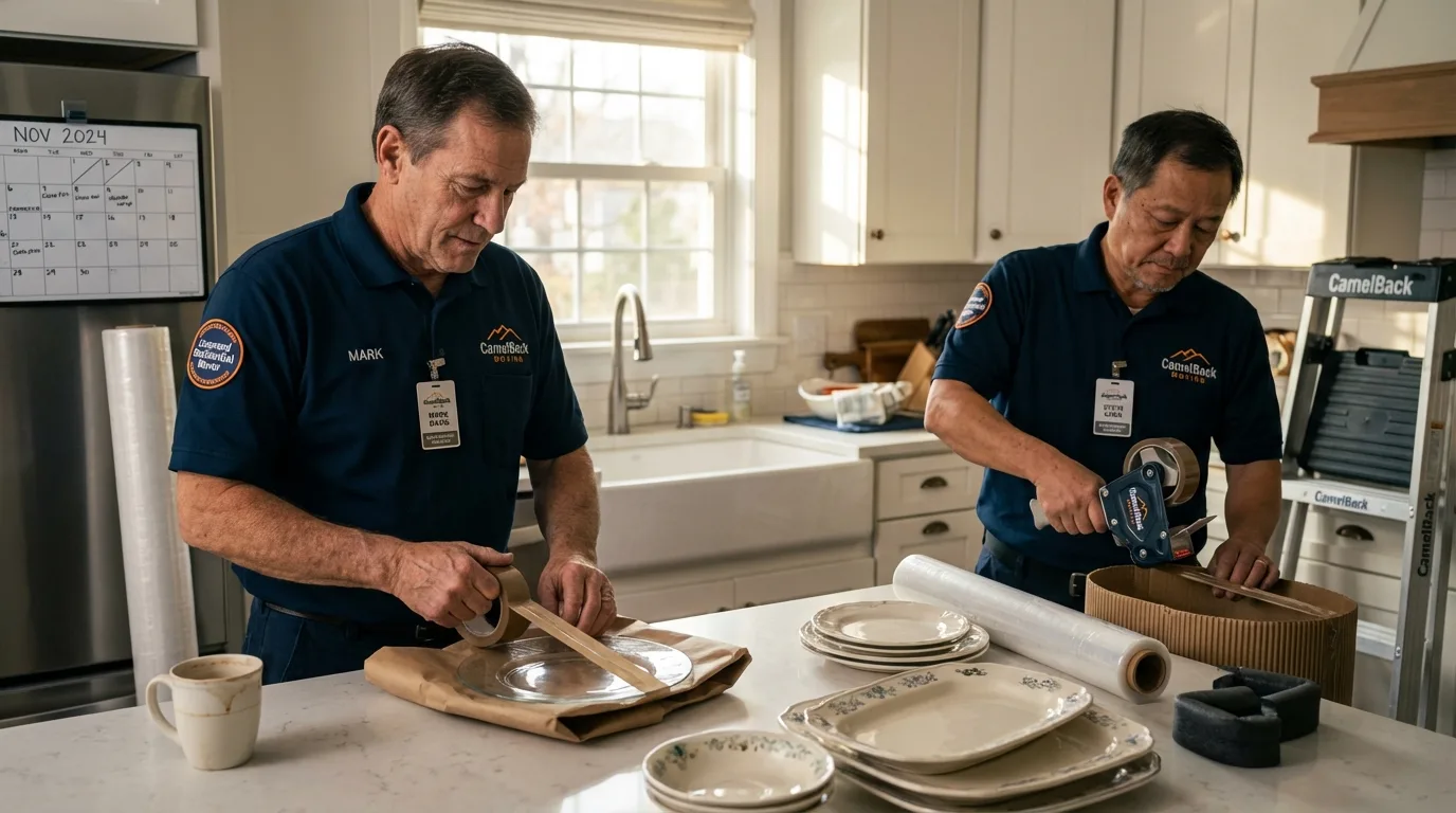 Professional crew packing kitchen dishware in Oakdale, NY